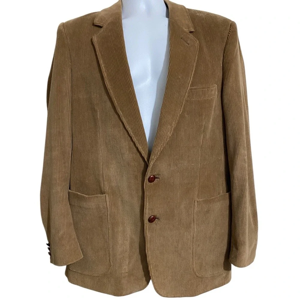 Vintage 1970s Corduroy Blazer Jacket Size‎ 42L Light Brown Tan Pockets Cotton